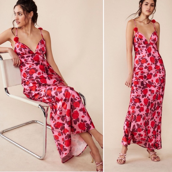 For Love And Lemons Dresses & Skirts - 🛍️NWT For Love & Lemons Huda Satin Floral Free People Rosette Maxi Gown small